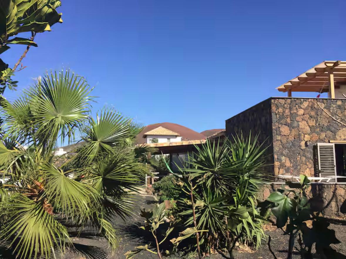 Finca-Außenansicht mit Palmen und Vulkansteinmauer