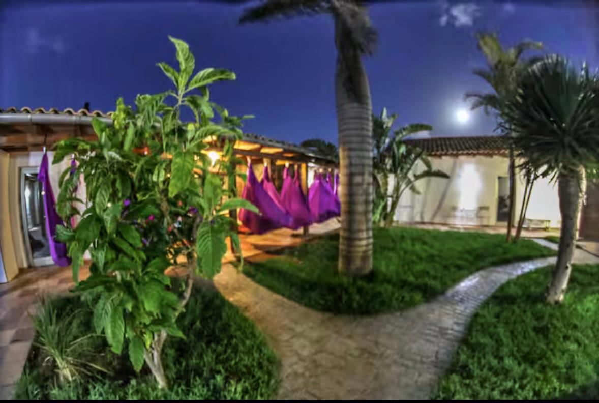 Finca-Garten bei Nacht mit Hängematten und Palmen